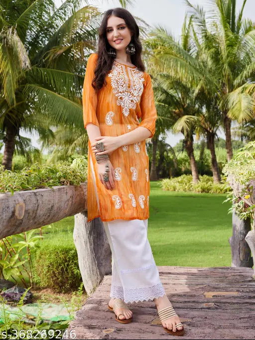 Aesthetic orange chikankari kurti