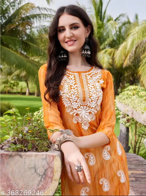 Aesthetic orange chikankari kurti
